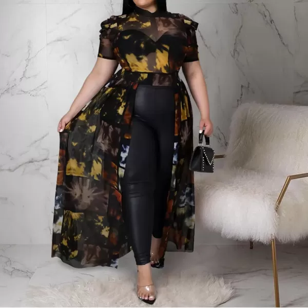 Plus Size High Low Tops for Women  Mesh See Through Puff Sleeve One Off Shoulder Asymmetrical Tunic Shirt Dresses066 Black
