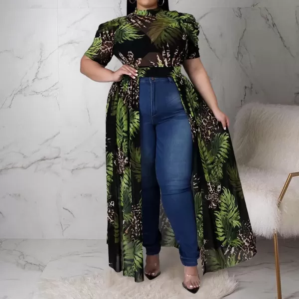 Plus Size High Low Tops for Women  Mesh See Through Puff Sleeve One Off Shoulder Asymmetrical Tunic Shirt Dresses066 Green
