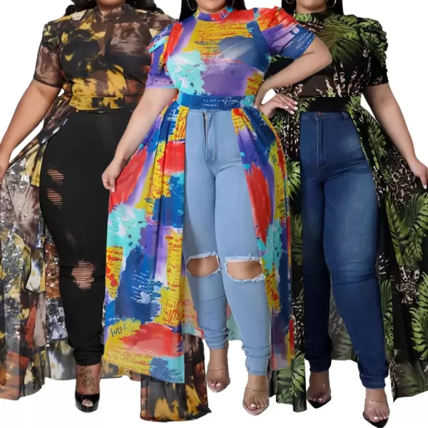 Plus Size High Low Tops for Women  Mesh See Through Puff Sleeve One Off Shoulder Asymmetrical Tunic Shirt Dresses066 Multicolored