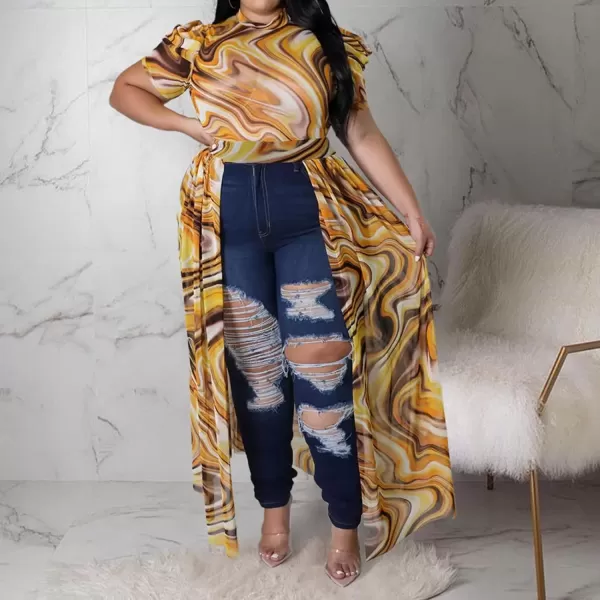Plus Size High Low Tops for Women  Mesh See Through Puff Sleeve One Off Shoulder Asymmetrical Tunic Shirt Dresses066 Yellow
