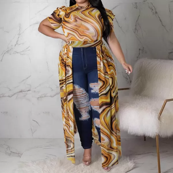 Plus Size High Low Tops for Women  Mesh See Through Puff Sleeve One Off Shoulder Asymmetrical Tunic Shirt Dresses066 Yellow