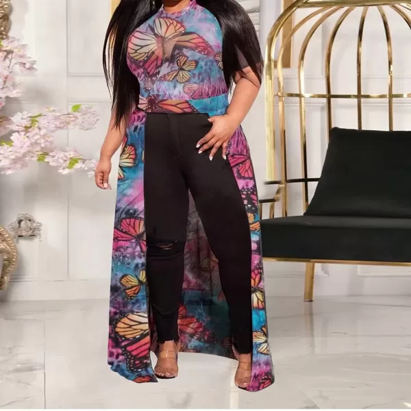 Plus Size High Low Tops for Women  Mesh See Through Puff Sleeve One Off Shoulder Asymmetrical Tunic Shirt Dresses219 Blue Butterfly