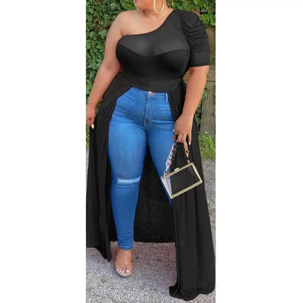 Plus Size High Low Tops for Women  Mesh See Through Puff Sleeve One Off Shoulder Asymmetrical Tunic Shirt DressesBlack