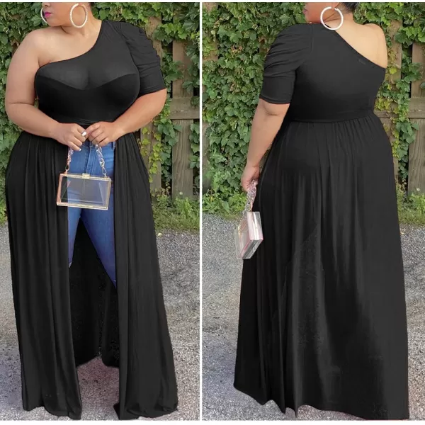 Plus Size High Low Tops for Women  Mesh See Through Puff Sleeve One Off Shoulder Asymmetrical Tunic Shirt DressesBlack