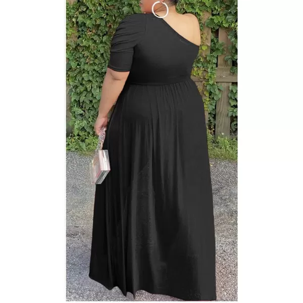 Plus Size High Low Tops for Women  Mesh See Through Puff Sleeve One Off Shoulder Asymmetrical Tunic Shirt DressesBlack