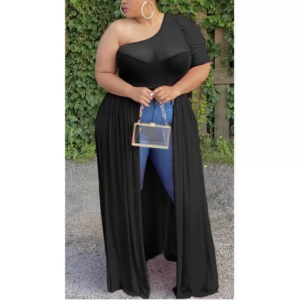 Plus Size High Low Tops for Women  Mesh See Through Puff Sleeve One Off Shoulder Asymmetrical Tunic Shirt DressesBlack