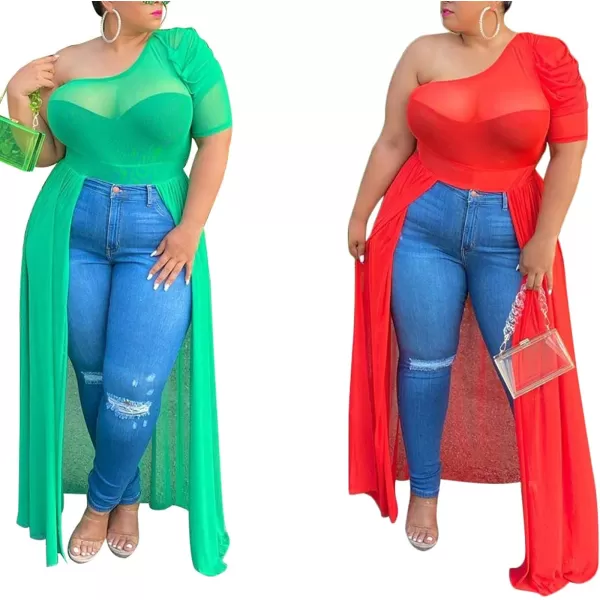 Plus Size High Low Tops for Women  Mesh See Through Puff Sleeve One Off Shoulder Asymmetrical Tunic Shirt DressesRed