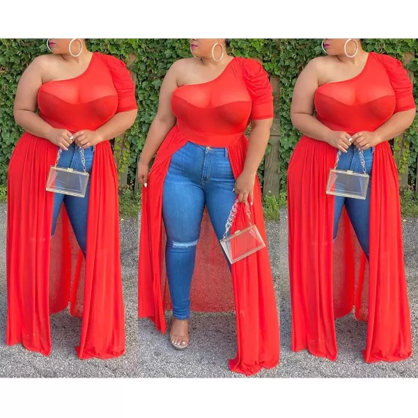 Plus Size High Low Tops for Women  Mesh See Through Puff Sleeve One Off Shoulder Asymmetrical Tunic Shirt DressesRed