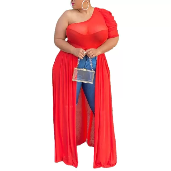Plus Size High Low Tops for Women  Mesh See Through Puff Sleeve One Off Shoulder Asymmetrical Tunic Shirt DressesRed