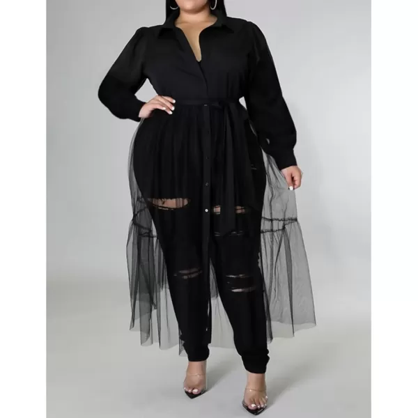 Plus Size Tulle Shirt Dresses for Women  Short Sleeve Button Down Tops Mesh Patchwork Ruched Belted Maxi Dress268 Black