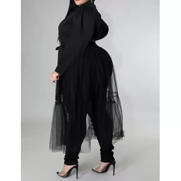 Plus Size Tulle Shirt Dresses for Women  Short Sleeve Button Down Tops Mesh Patchwork Ruched Belted Maxi Dress268 Black