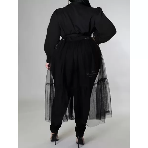 Plus Size Tulle Shirt Dresses for Women  Short Sleeve Button Down Tops Mesh Patchwork Ruched Belted Maxi Dress268 Black