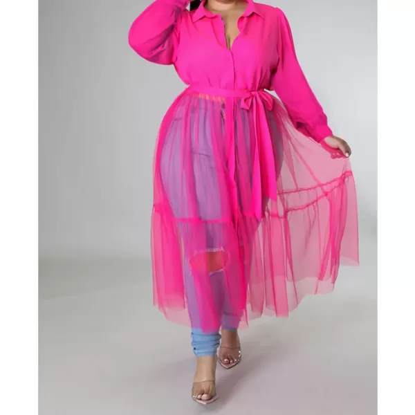 Plus Size Tulle Shirt Dresses for Women  Short Sleeve Button Down Tops Mesh Patchwork Ruched Belted Maxi Dress268 Rose Red