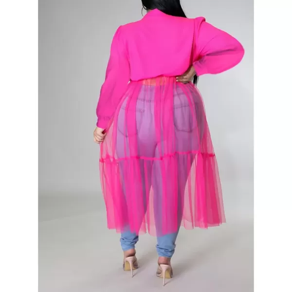 Plus Size Tulle Shirt Dresses for Women  Short Sleeve Button Down Tops Mesh Patchwork Ruched Belted Maxi Dress268 Rose Red