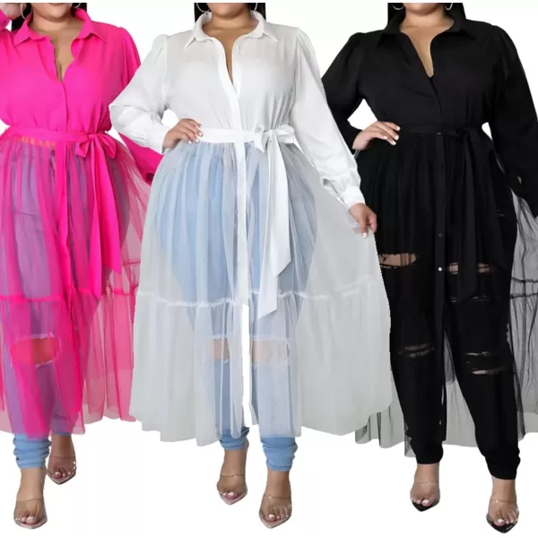 Plus Size Tulle Shirt Dresses for Women  Short Sleeve Button Down Tops Mesh Patchwork Ruched Belted Maxi Dress268 Rose Red