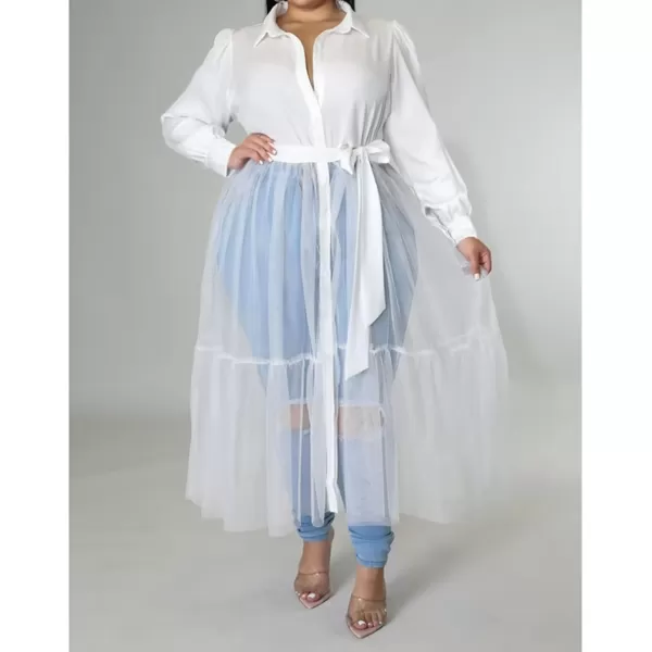 Plus Size Tulle Shirt Dresses for Women  Short Sleeve Button Down Tops Mesh Patchwork Ruched Belted Maxi Dress268 White