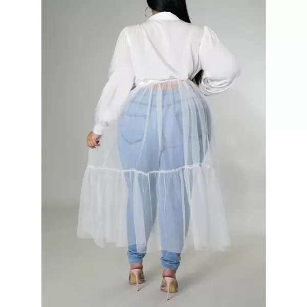 Plus Size Tulle Shirt Dresses for Women  Short Sleeve Button Down Tops Mesh Patchwork Ruched Belted Maxi Dress268 White