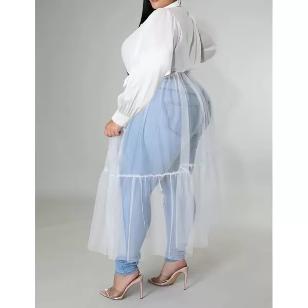 Plus Size Tulle Shirt Dresses for Women  Short Sleeve Button Down Tops Mesh Patchwork Ruched Belted Maxi Dress268 White