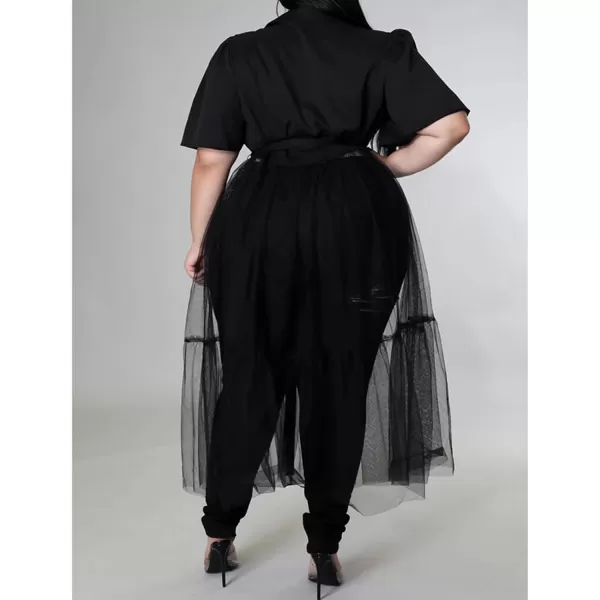 Plus Size Tulle Shirt Dresses for Women  Short Sleeve Button Down Tops Mesh Patchwork Ruched Belted Maxi DressBlack