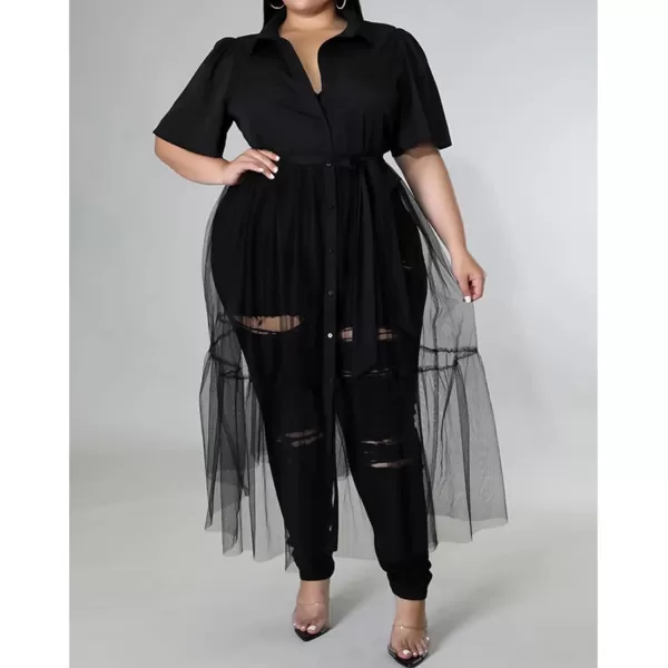 Plus Size Tulle Shirt Dresses for Women  Short Sleeve Button Down Tops Mesh Patchwork Ruched Belted Maxi DressBlack
