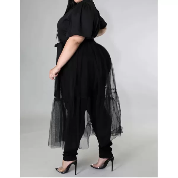 Plus Size Tulle Shirt Dresses for Women  Short Sleeve Button Down Tops Mesh Patchwork Ruched Belted Maxi DressBlack