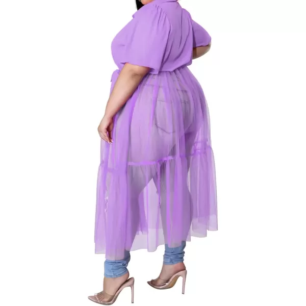 Plus Size Tulle Shirt Dresses for Women  Short Sleeve Button Down Tops Mesh Patchwork Ruched Belted Maxi DressLight Purple