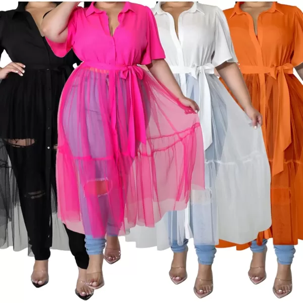 Plus Size Tulle Shirt Dresses for Women  Short Sleeve Button Down Tops Mesh Patchwork Ruched Belted Maxi DressOrange