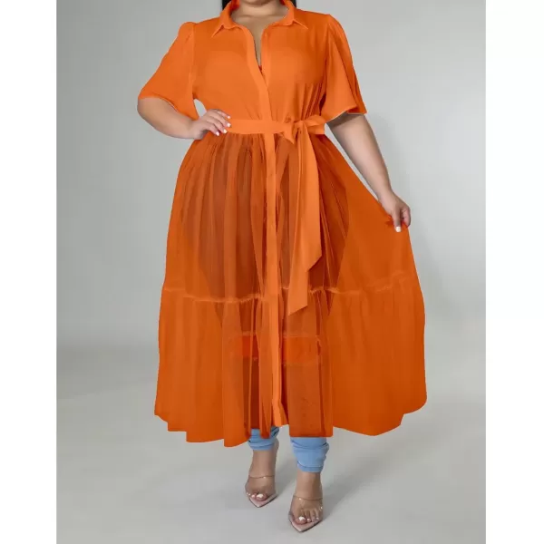 Plus Size Tulle Shirt Dresses for Women  Short Sleeve Button Down Tops Mesh Patchwork Ruched Belted Maxi DressOrange