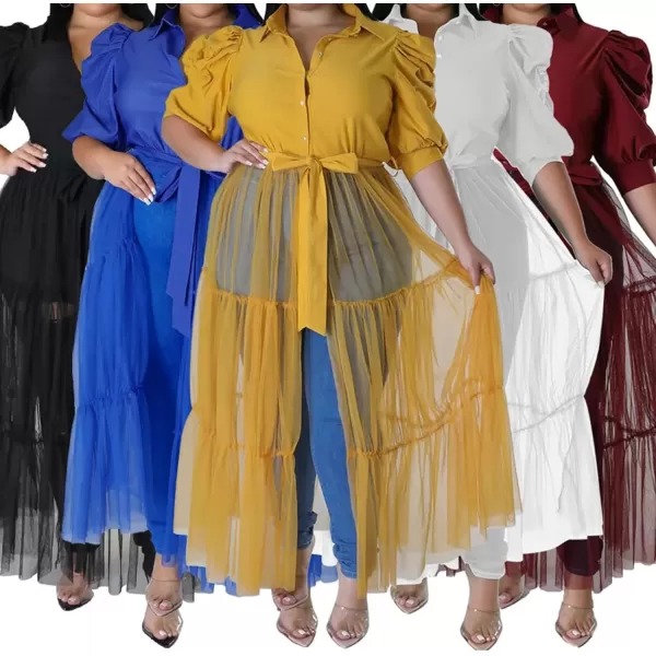 Plus Size Tulle Shirt Dresses for Women  Short Sleeve Button Down Tops Mesh Patchwork Ruched Belted Maxi DressPuff Sleeve Blue