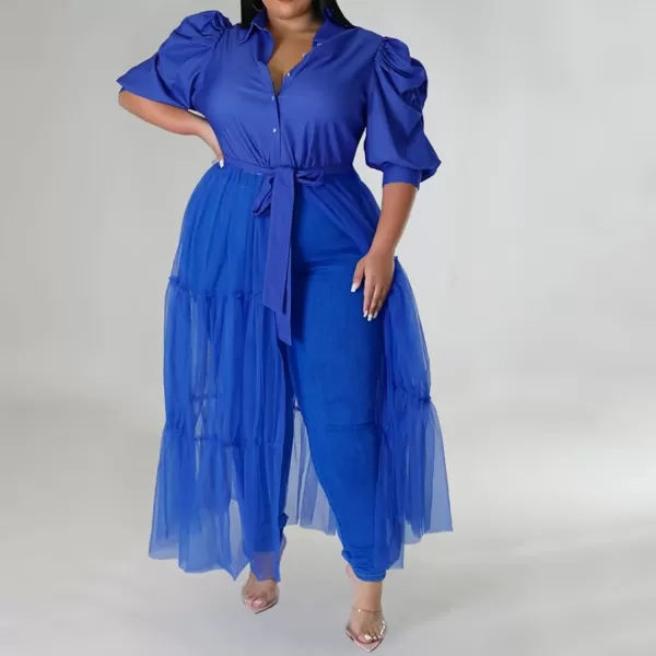 Plus Size Tulle Shirt Dresses for Women  Short Sleeve Button Down Tops Mesh Patchwork Ruched Belted Maxi DressPuff Sleeve Blue