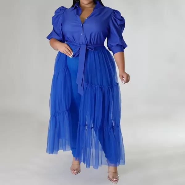 Plus Size Tulle Shirt Dresses for Women  Short Sleeve Button Down Tops Mesh Patchwork Ruched Belted Maxi DressPuff Sleeve Blue