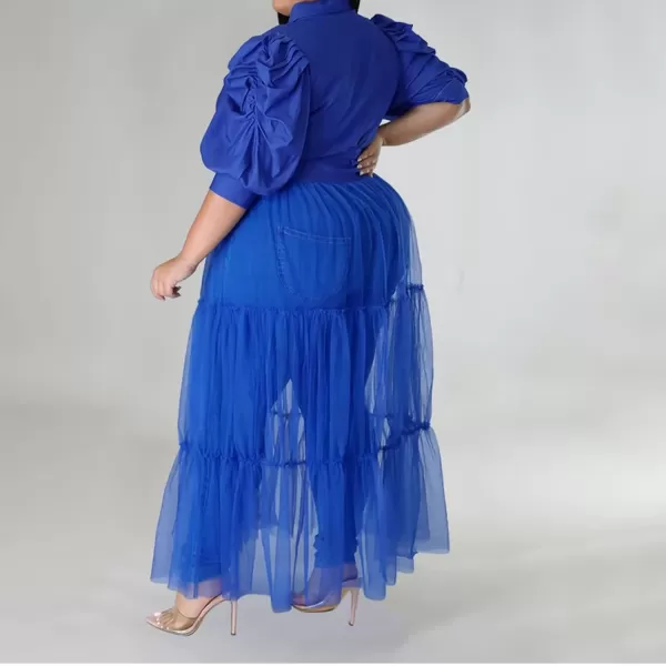 Plus Size Tulle Shirt Dresses for Women  Short Sleeve Button Down Tops Mesh Patchwork Ruched Belted Maxi DressPuff Sleeve Blue