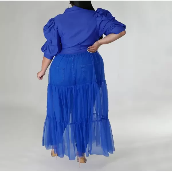 Plus Size Tulle Shirt Dresses for Women  Short Sleeve Button Down Tops Mesh Patchwork Ruched Belted Maxi DressPuff Sleeve Blue