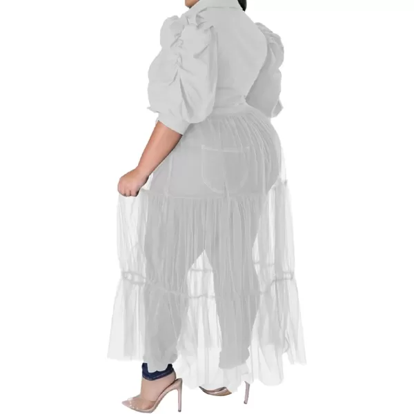 Plus Size Tulle Shirt Dresses for Women  Short Sleeve Button Down Tops Mesh Patchwork Ruched Belted Maxi DressPuff Sleeve White