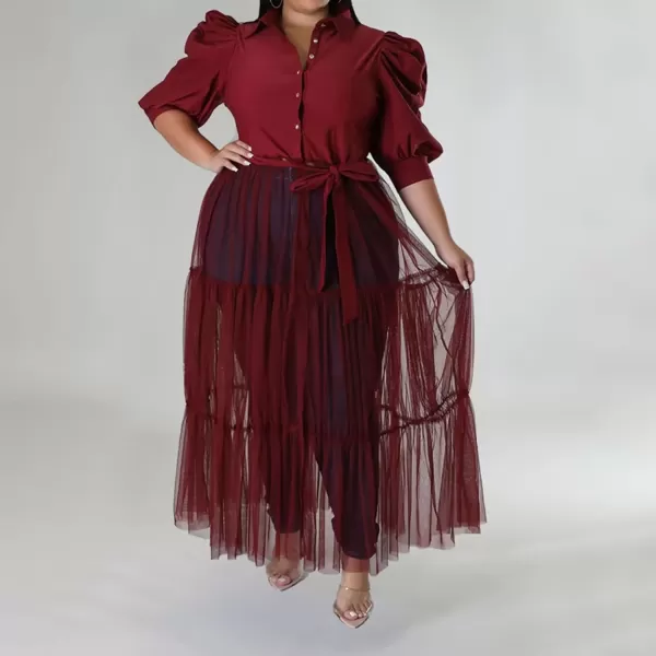 Plus Size Tulle Shirt Dresses for Women  Short Sleeve Button Down Tops Mesh Patchwork Ruched Belted Maxi DressPuff Sleeve Wine Red