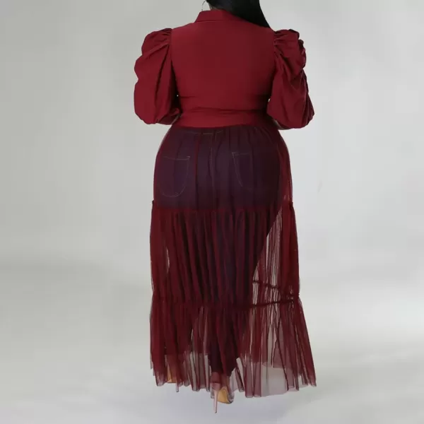 Plus Size Tulle Shirt Dresses for Women  Short Sleeve Button Down Tops Mesh Patchwork Ruched Belted Maxi DressPuff Sleeve Wine Red