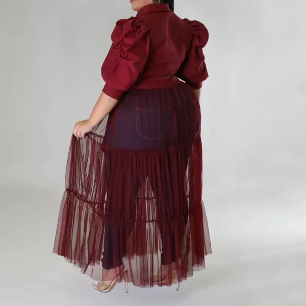 Plus Size Tulle Shirt Dresses for Women  Short Sleeve Button Down Tops Mesh Patchwork Ruched Belted Maxi DressPuff Sleeve Wine Red