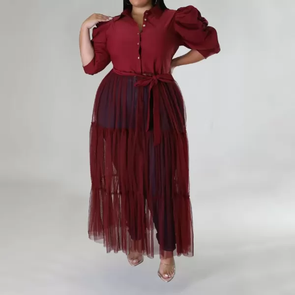 Plus Size Tulle Shirt Dresses for Women  Short Sleeve Button Down Tops Mesh Patchwork Ruched Belted Maxi DressPuff Sleeve Wine Red