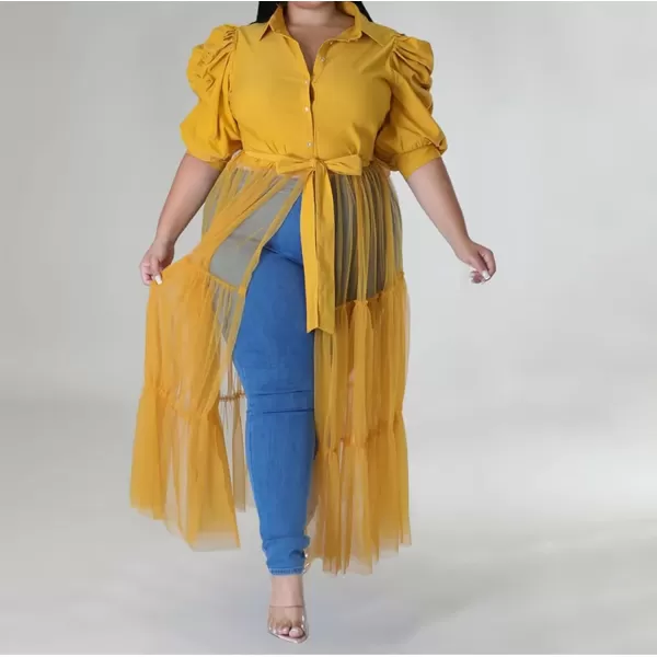 Plus Size Tulle Shirt Dresses for Women  Short Sleeve Button Down Tops Mesh Patchwork Ruched Belted Maxi DressPuff Sleeve Yellow