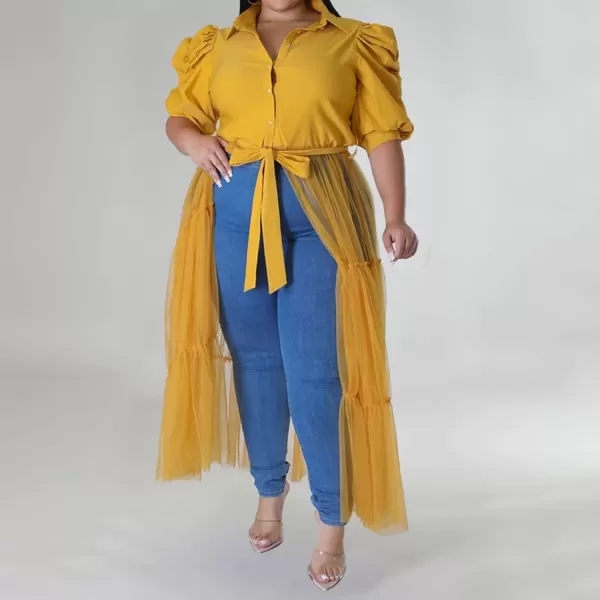 Plus Size Tulle Shirt Dresses for Women  Short Sleeve Button Down Tops Mesh Patchwork Ruched Belted Maxi DressPuff Sleeve Yellow