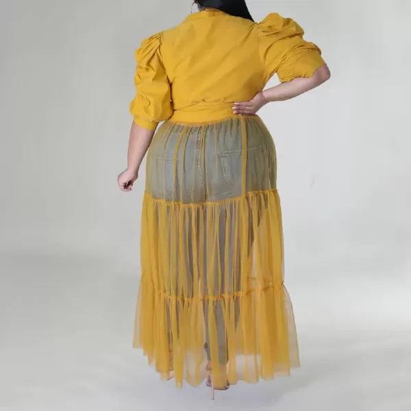 Plus Size Tulle Shirt Dresses for Women  Short Sleeve Button Down Tops Mesh Patchwork Ruched Belted Maxi DressPuff Sleeve Yellow