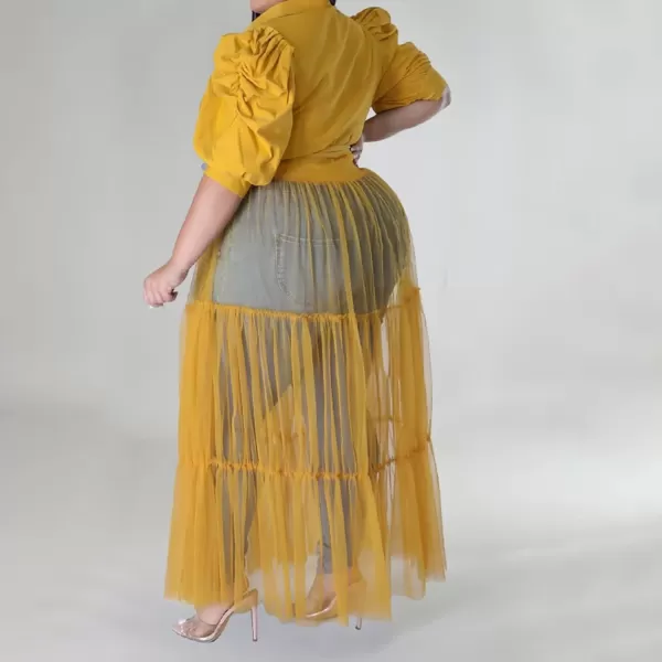Plus Size Tulle Shirt Dresses for Women  Short Sleeve Button Down Tops Mesh Patchwork Ruched Belted Maxi DressPuff Sleeve Yellow
