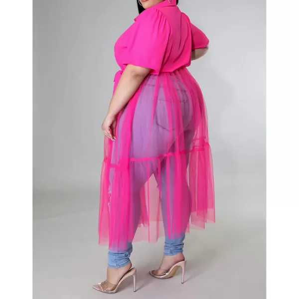 Plus Size Tulle Shirt Dresses for Women  Short Sleeve Button Down Tops Mesh Patchwork Ruched Belted Maxi DressRose Red