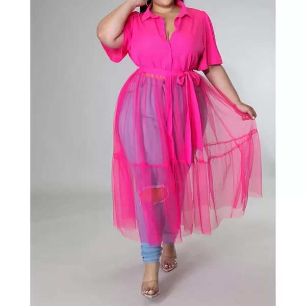 Plus Size Tulle Shirt Dresses for Women  Short Sleeve Button Down Tops Mesh Patchwork Ruched Belted Maxi DressRose Red
