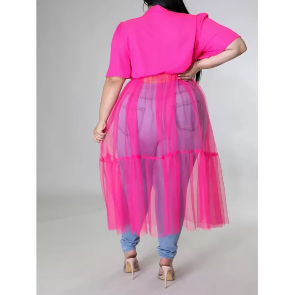 Plus Size Tulle Shirt Dresses for Women  Short Sleeve Button Down Tops Mesh Patchwork Ruched Belted Maxi DressRose Red