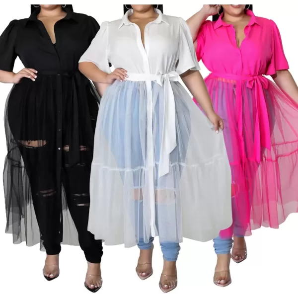 Plus Size Tulle Shirt Dresses for Women  Short Sleeve Button Down Tops Mesh Patchwork Ruched Belted Maxi DressRose Red