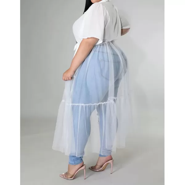 Plus Size Tulle Shirt Dresses for Women  Short Sleeve Button Down Tops Mesh Patchwork Ruched Belted Maxi DressWhite