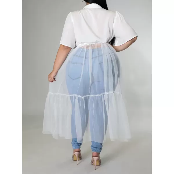 Plus Size Tulle Shirt Dresses for Women  Short Sleeve Button Down Tops Mesh Patchwork Ruched Belted Maxi DressWhite