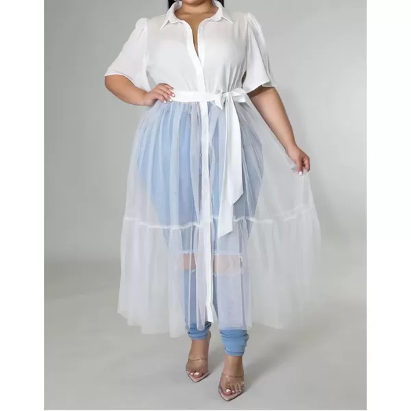 Plus Size Tulle Shirt Dresses for Women  Short Sleeve Button Down Tops Mesh Patchwork Ruched Belted Maxi DressWhite
