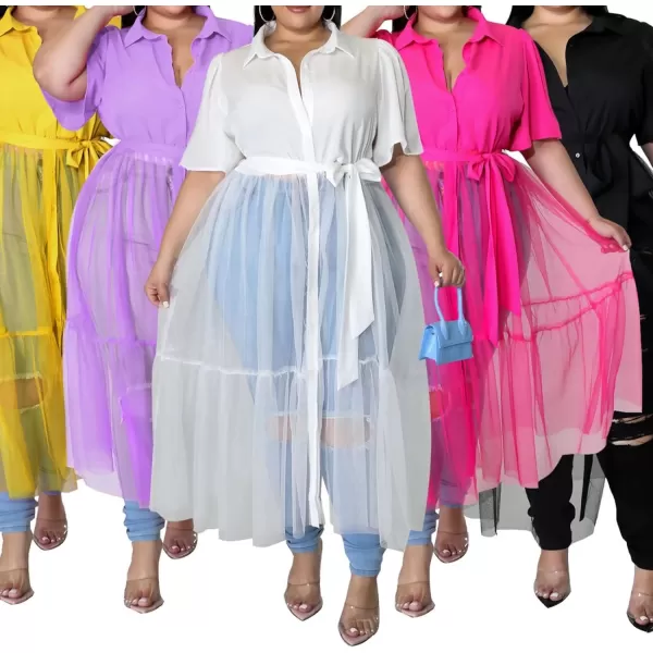 Plus Size Tulle Shirt Dresses for Women  Short Sleeve Button Down Tops Mesh Patchwork Ruched Belted Maxi DressYellow